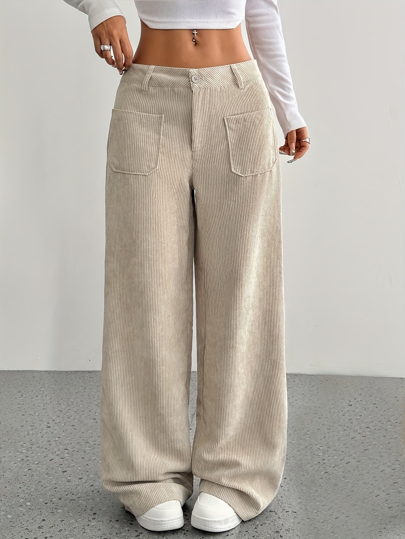 Pantalon femme taille basse en velours côtelé – Coupe large casual, style moderne