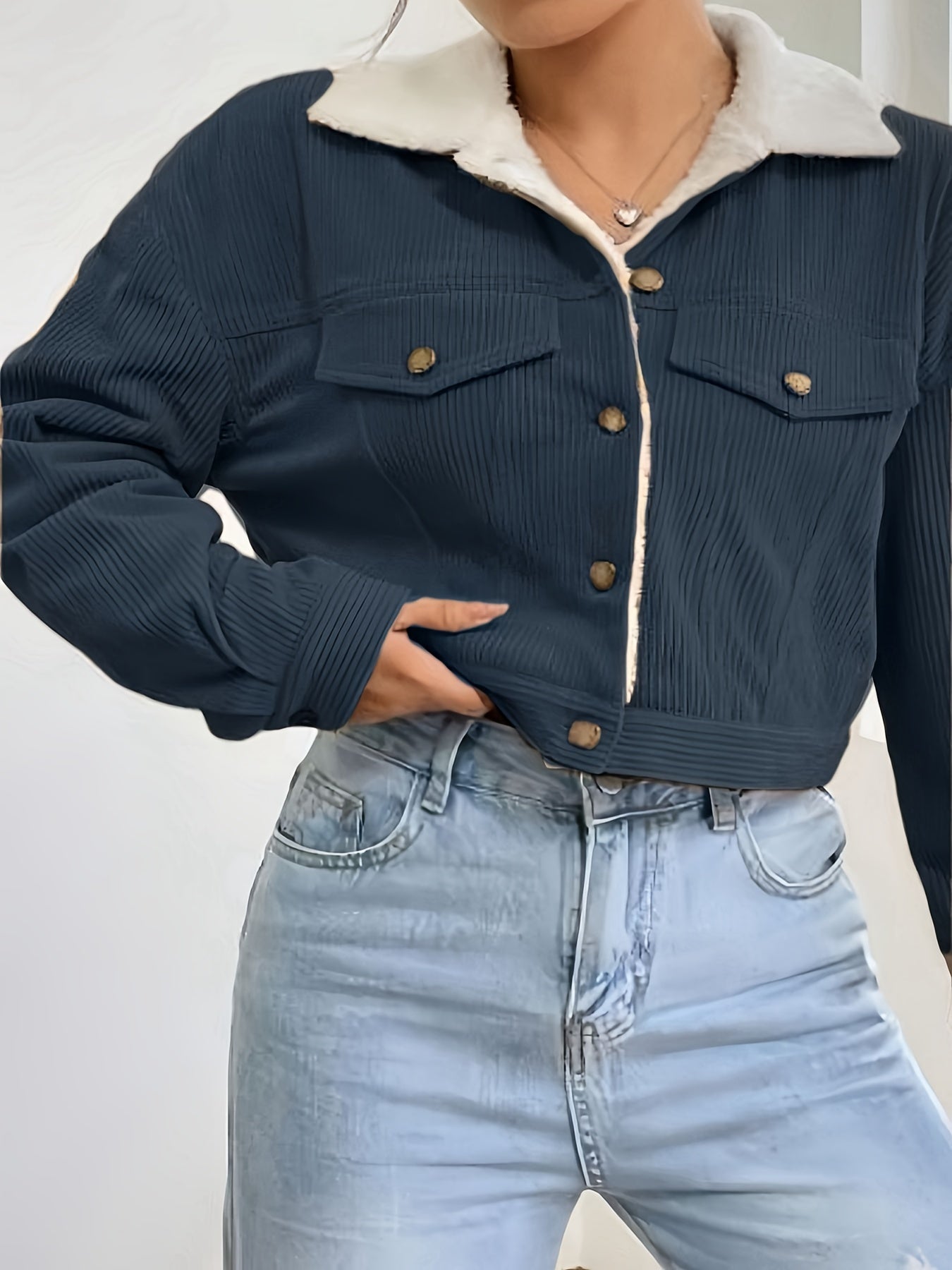 Veste Crop Femme en Velours Côtelé Doublée – Hiver Décontracté