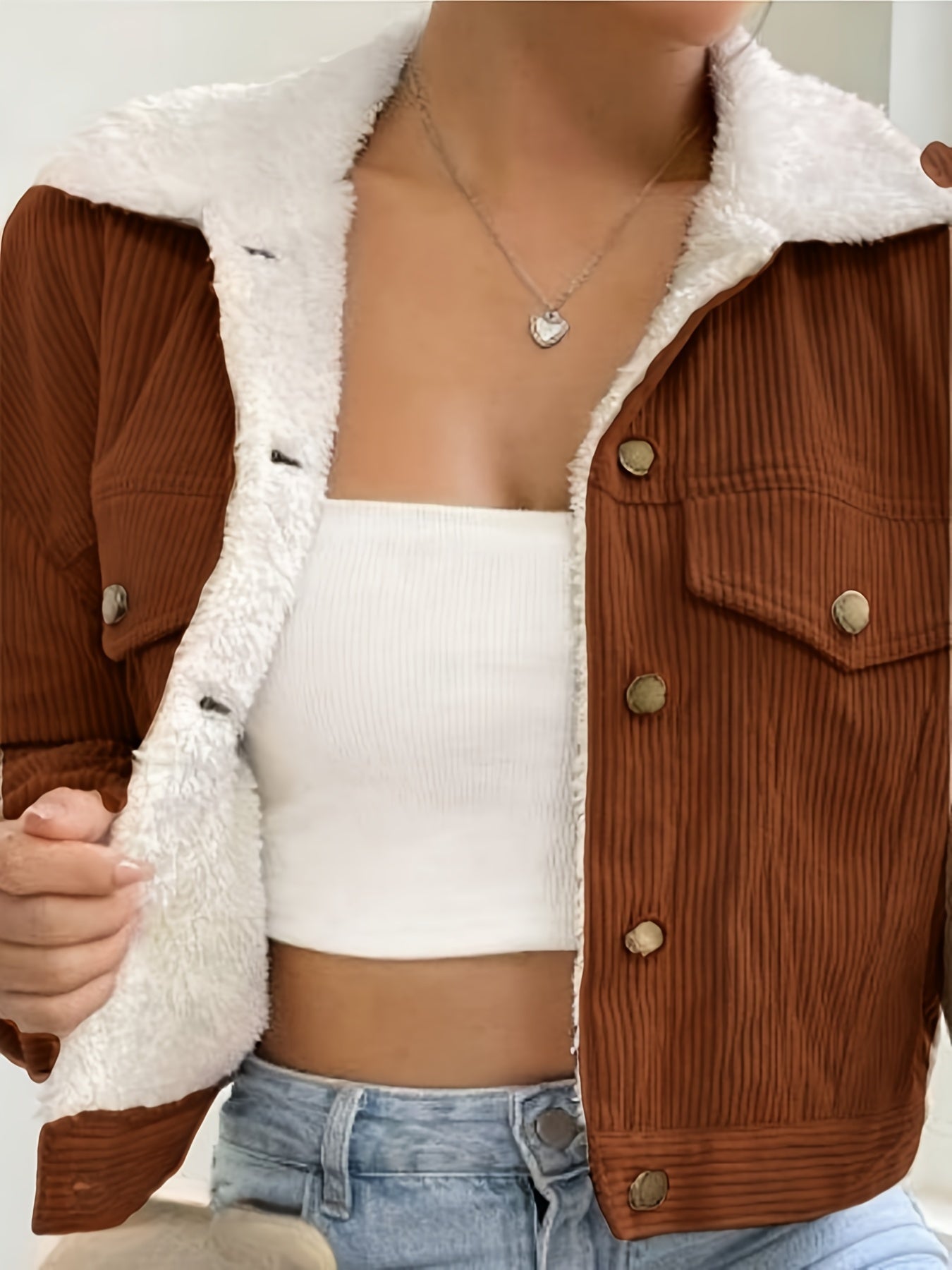 Veste Crop Femme en Velours Côtelé Doublée – Hiver Décontracté