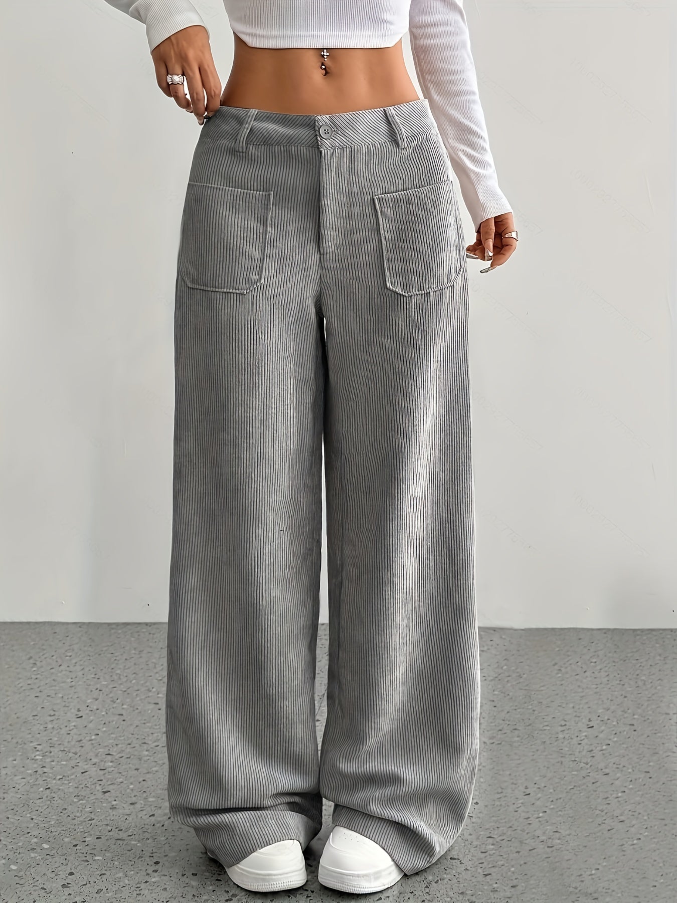 Pantalon femme taille basse en velours côtelé – Coupe large casual, style moderne