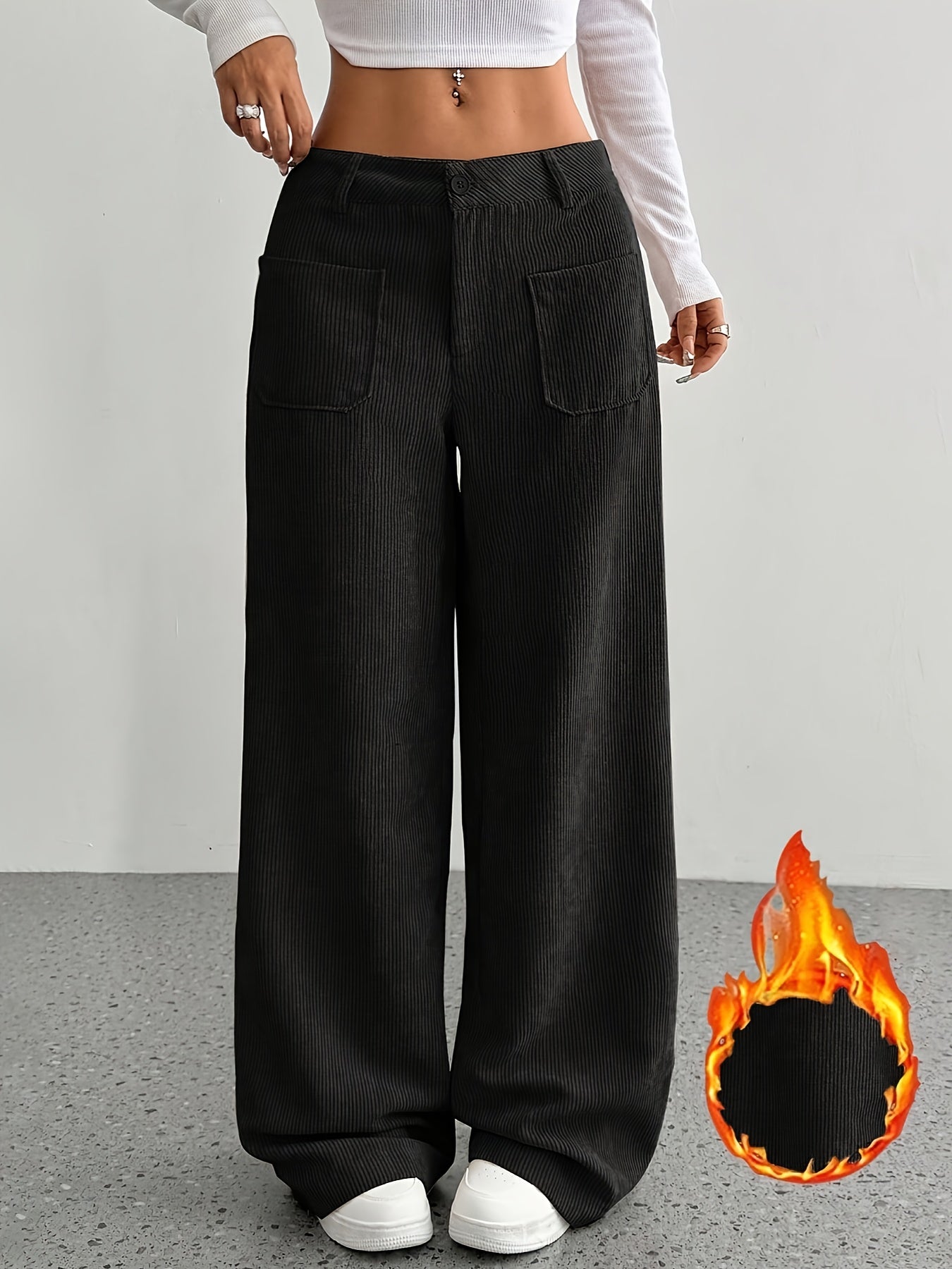 Pantalon femme taille basse en velours côtelé – Coupe large casual, style moderne
