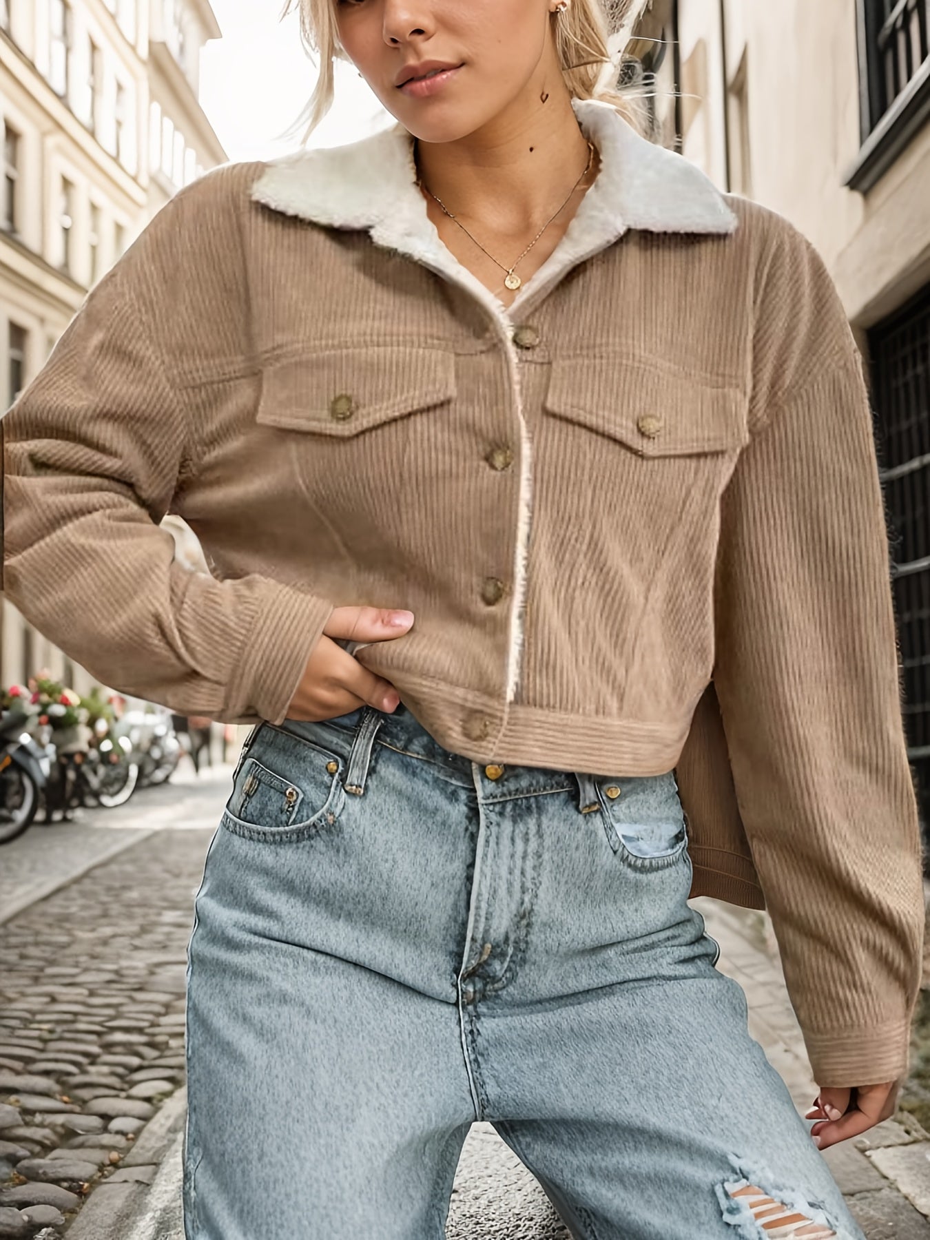 Veste Crop Femme en Velours Côtelé Doublée – Hiver Décontracté
