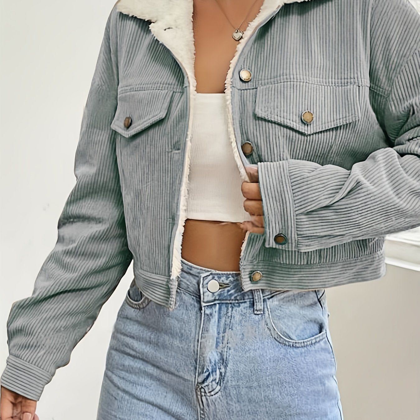 Veste Crop Femme en Velours Côtelé Doublée – Hiver Décontracté