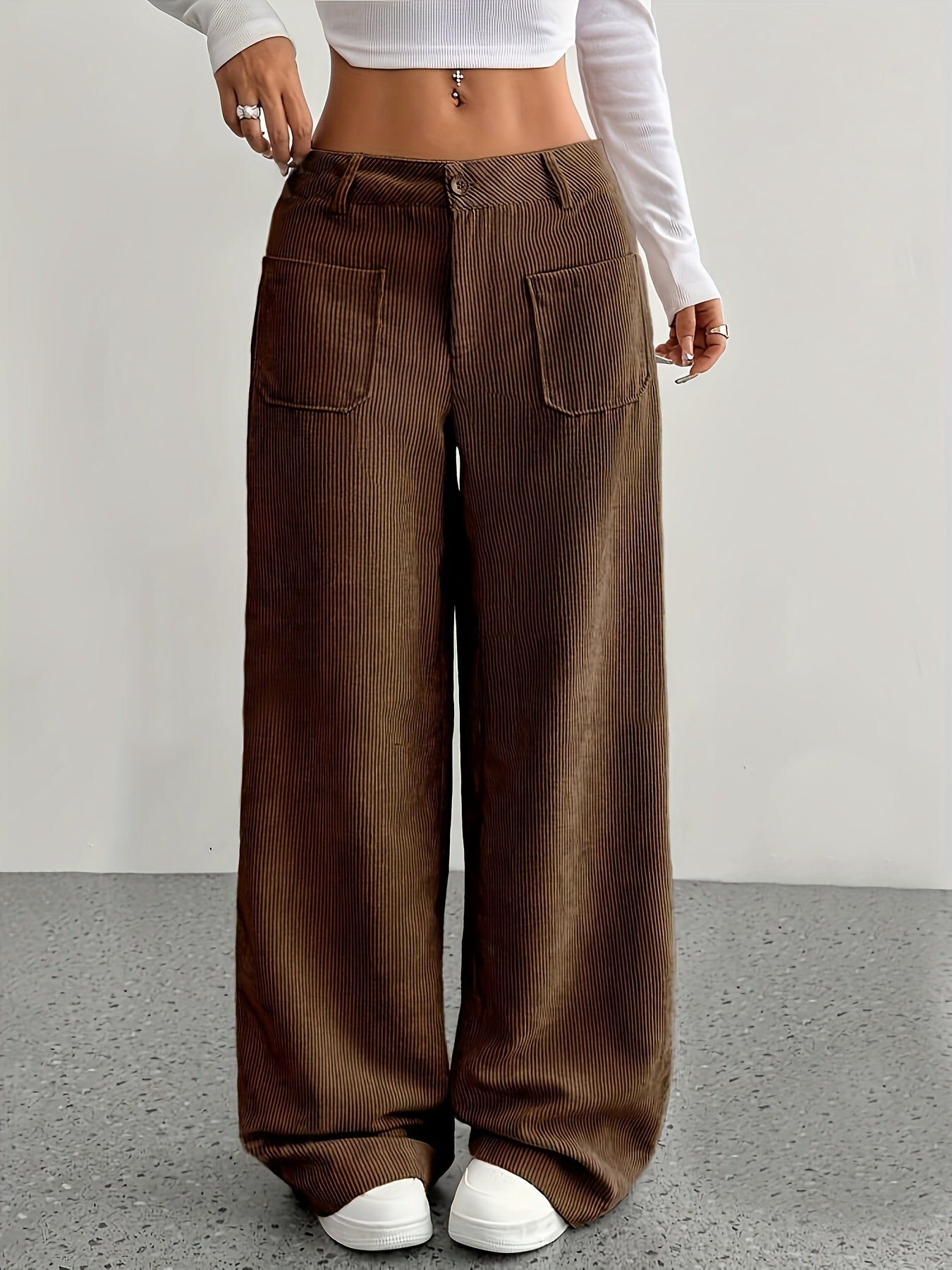 Pantalon femme taille basse en velours côtelé – Coupe large casual, style moderne
