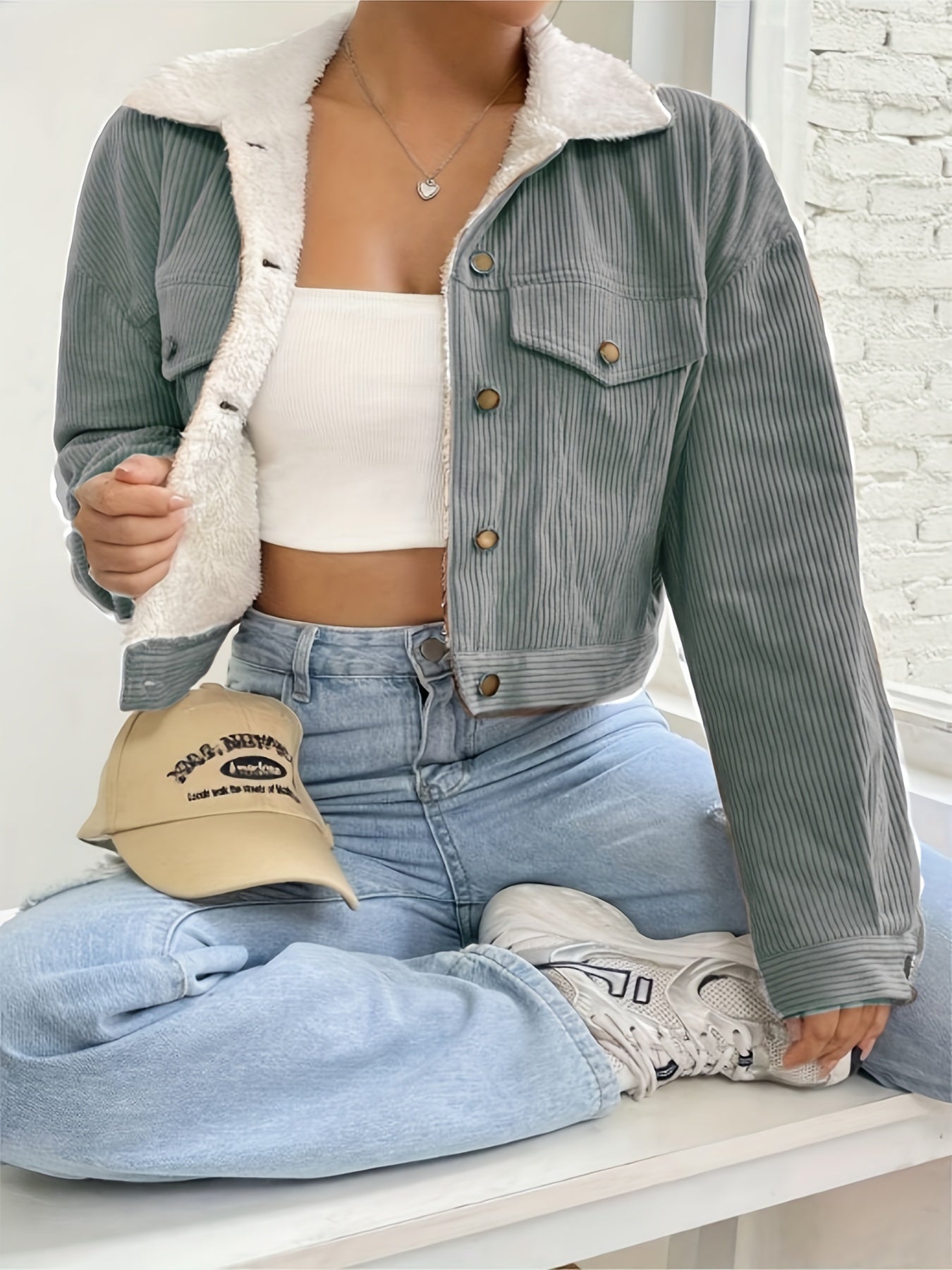Veste Crop Femme en Velours Côtelé Doublée – Hiver Décontracté