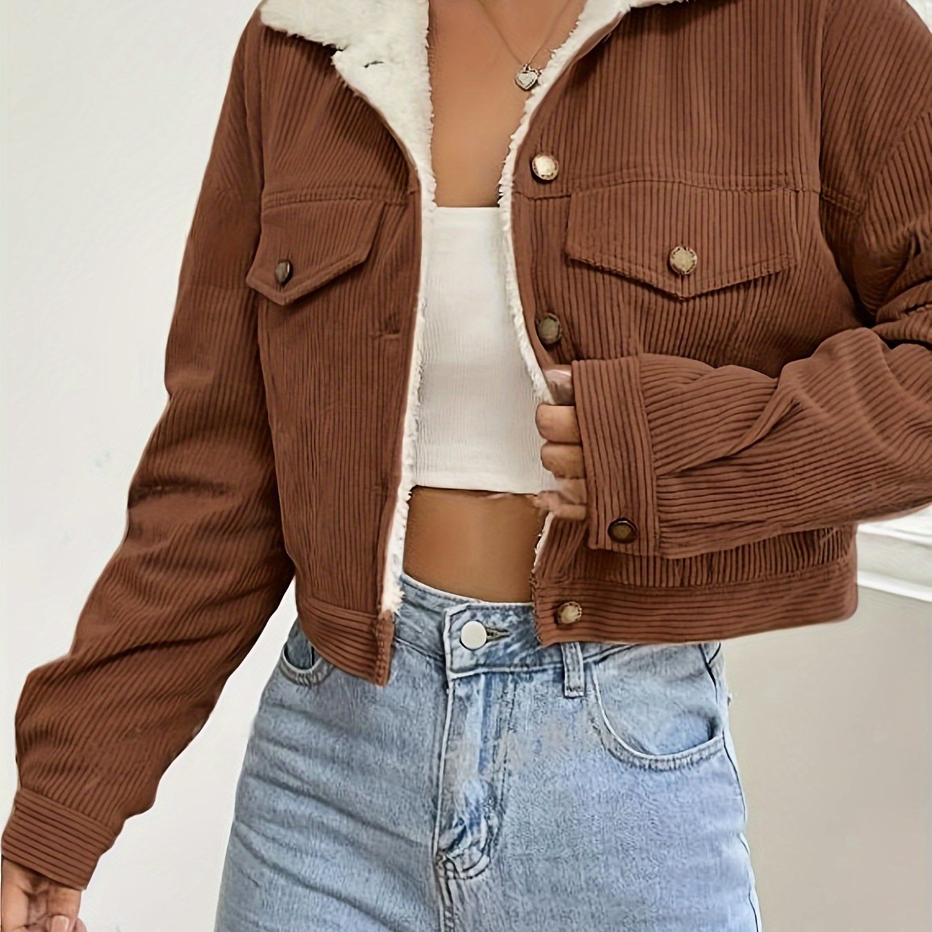 Veste Crop Femme en Velours Côtelé Doublée – Hiver Décontracté