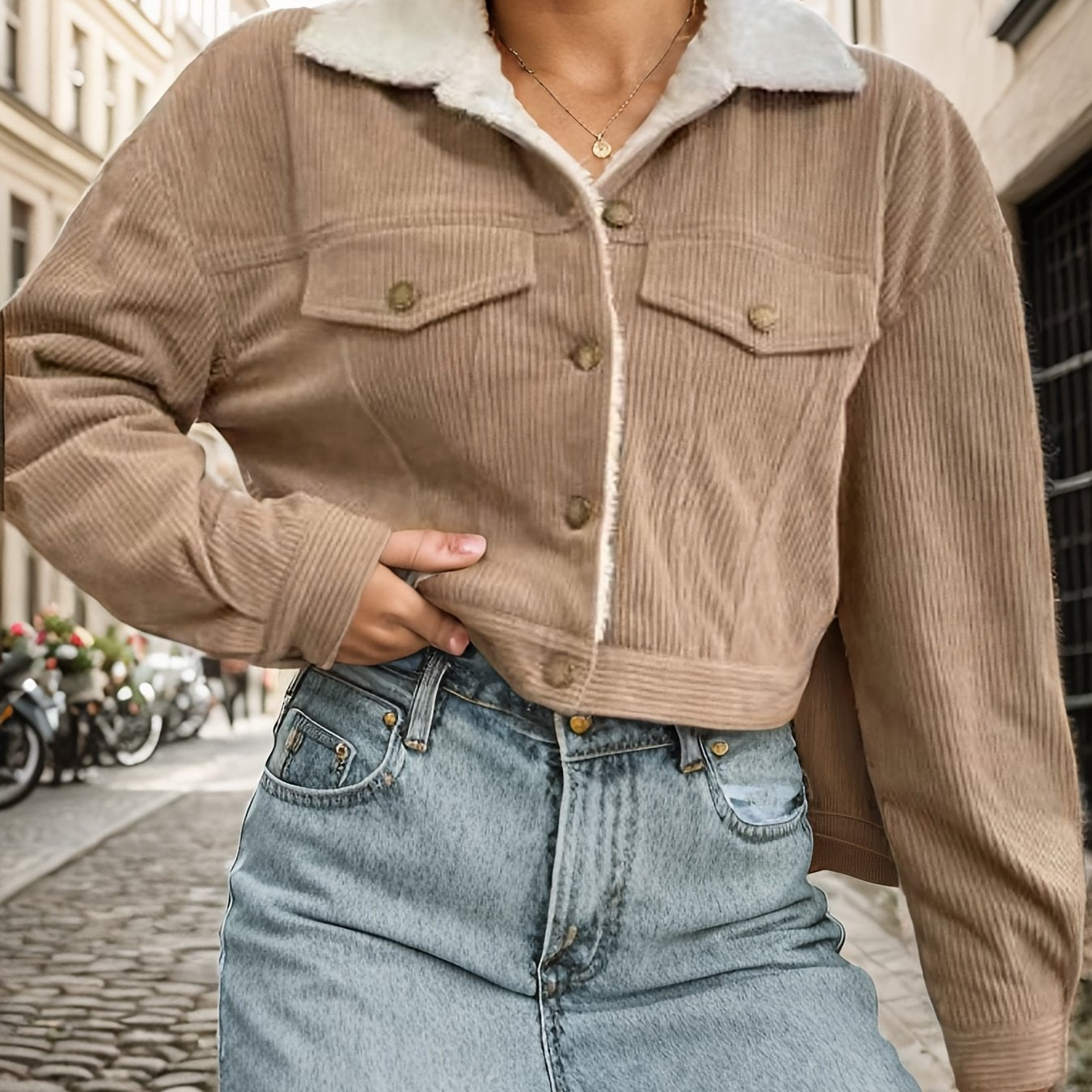 Veste Crop Femme en Velours Côtelé Doublée – Hiver Décontracté
