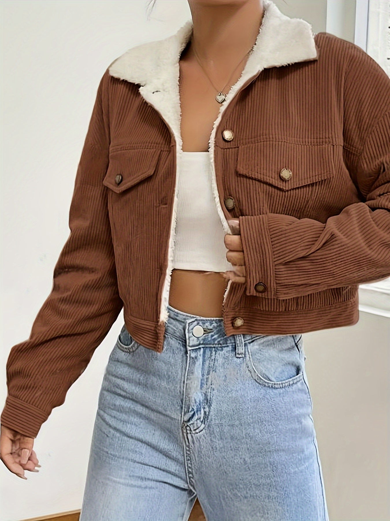 Veste Crop Femme en Velours Côtelé Doublée – Hiver Décontracté