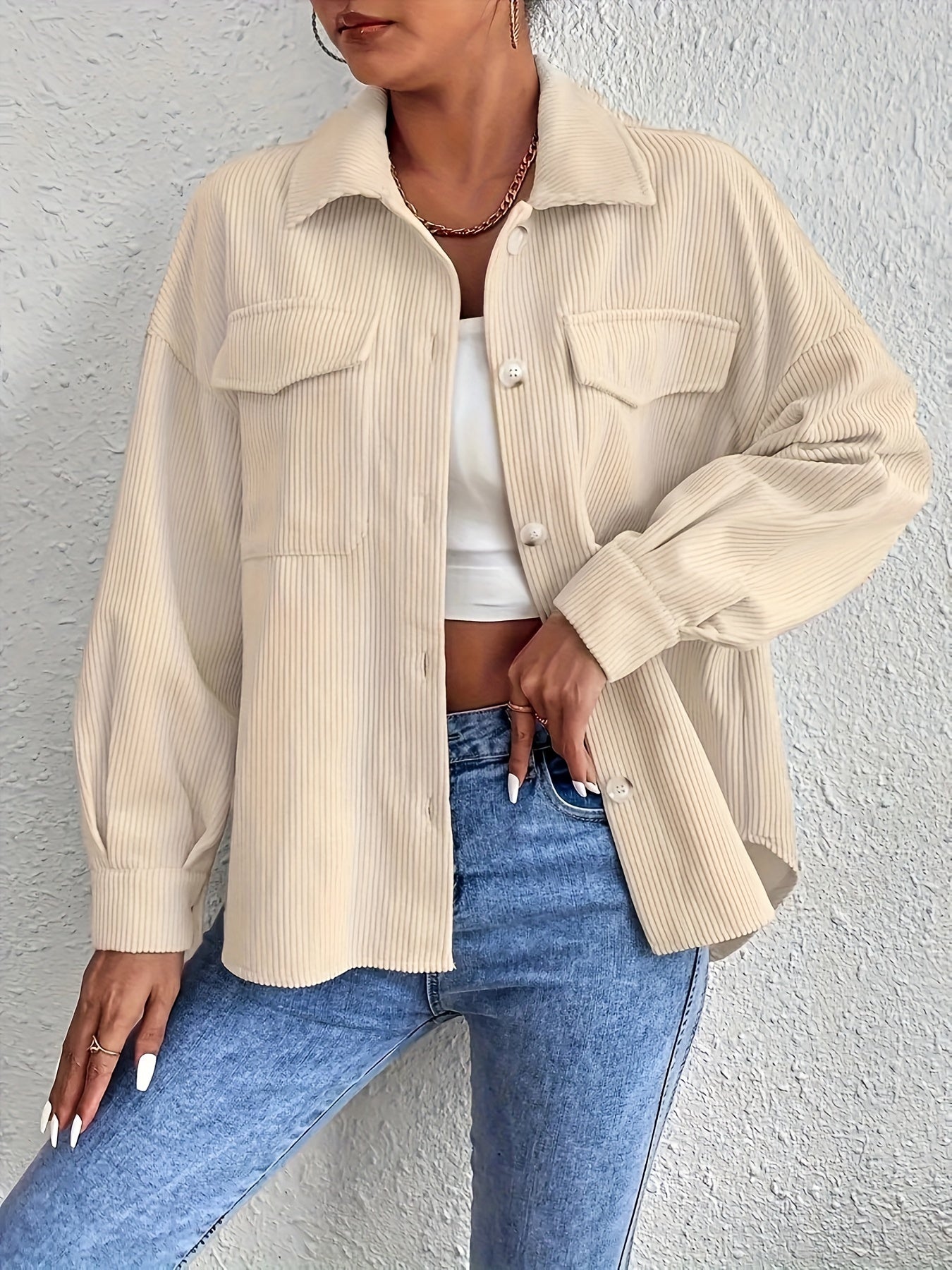 Veste Femme Oversize en Velours Côtelé – Poches à Rabat