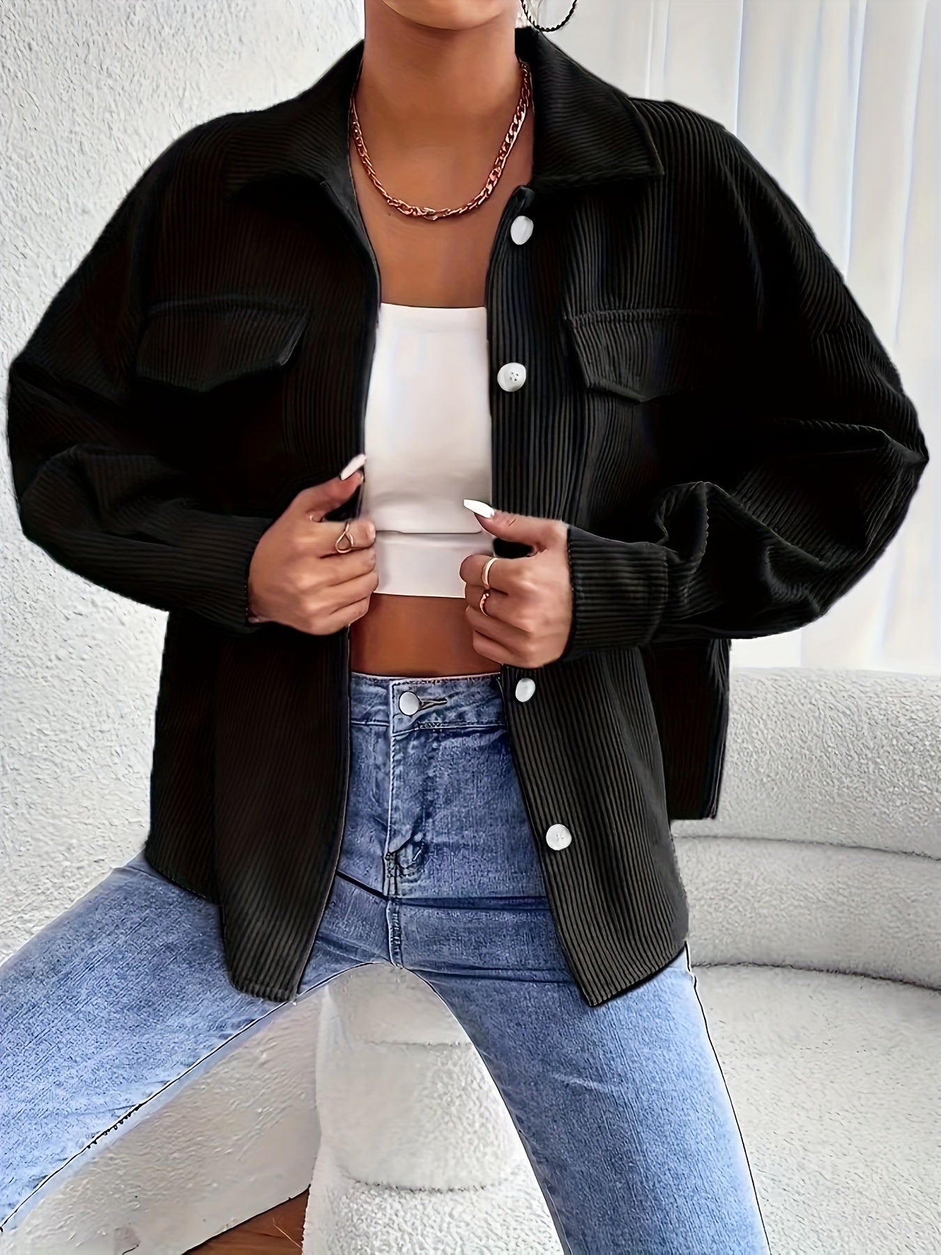 Veste Femme Oversize en Velours Côtelé – Poches à Rabat