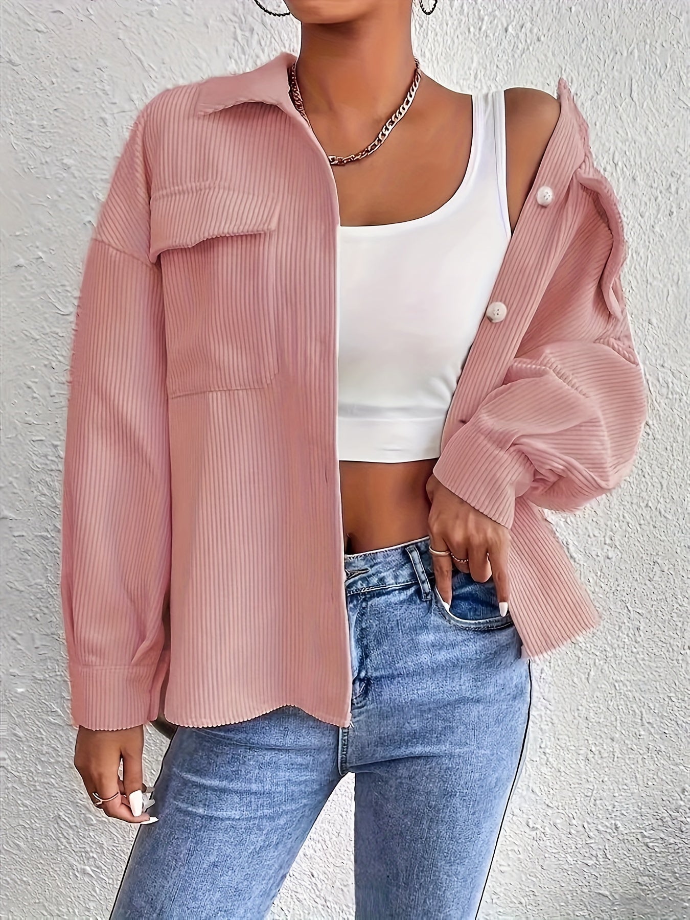 Veste Femme Oversize en Velours Côtelé – Poches à Rabat