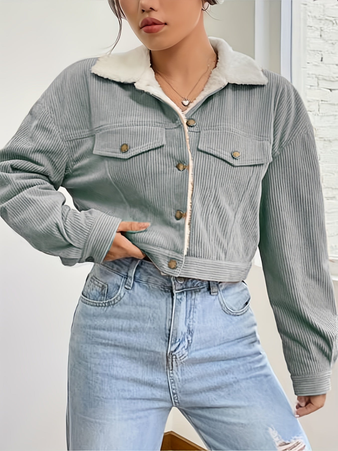 Veste Crop Femme en Velours Côtelé Doublée – Hiver Décontracté