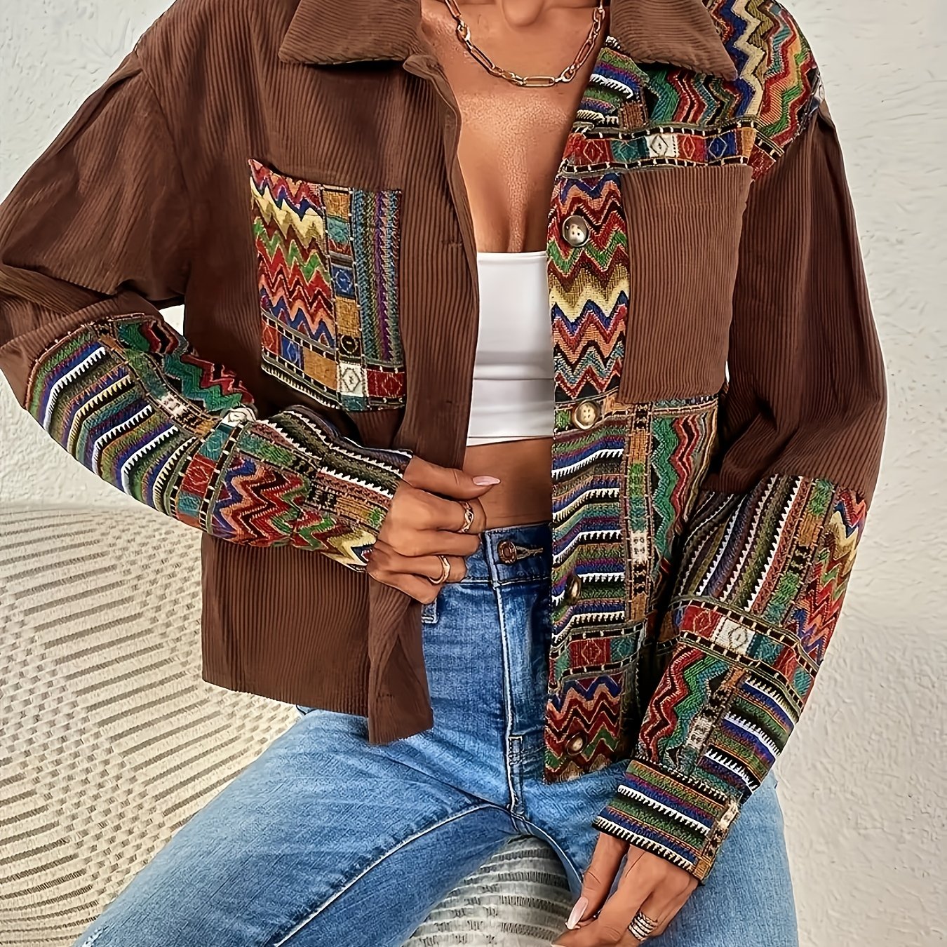Veste Patchwork Velours Côtelé – Élégance Colorée