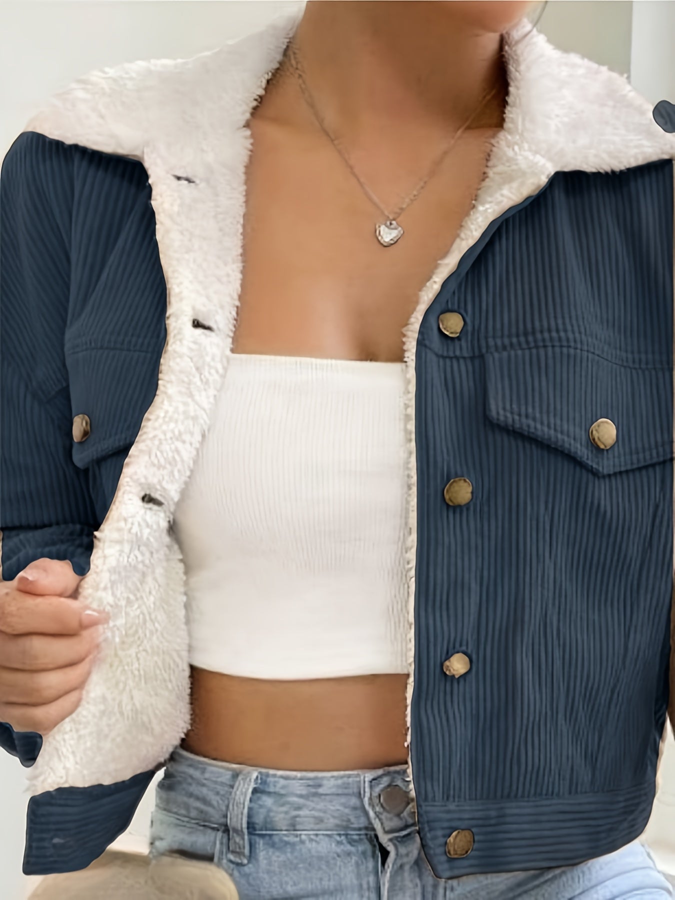 Veste Crop Femme en Velours Côtelé Doublée – Hiver Décontracté