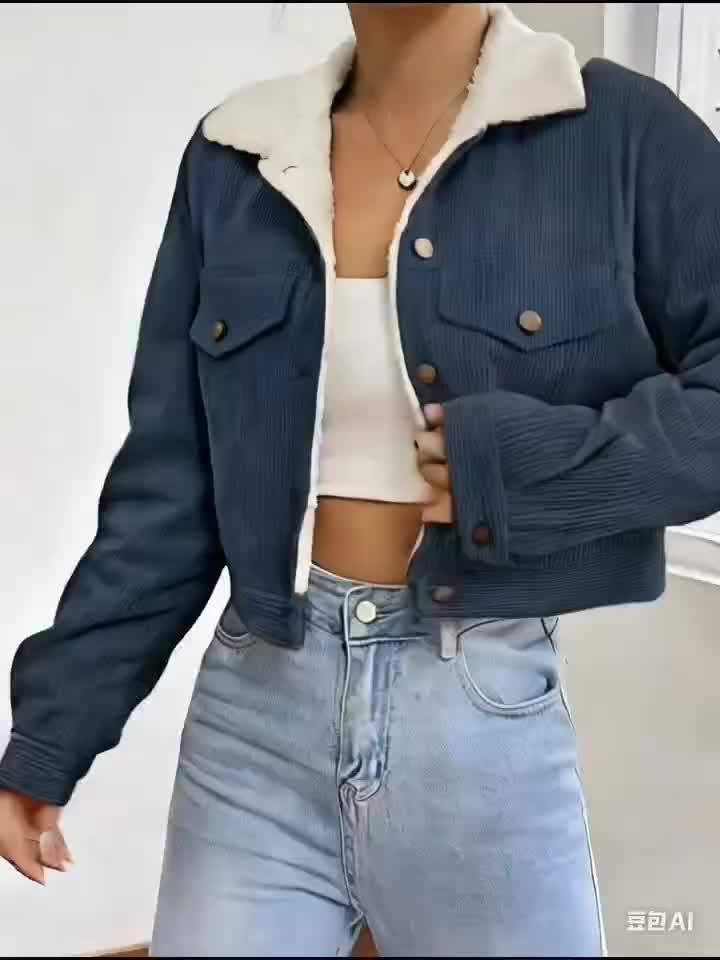 Veste Crop Femme en Velours Côtelé Doublée – Hiver Décontracté