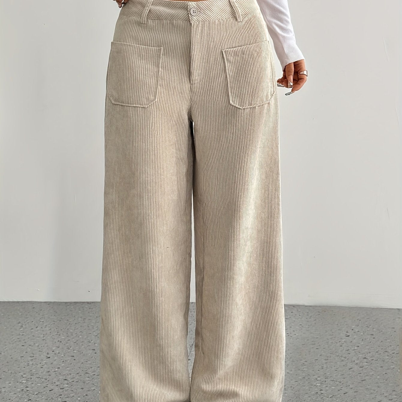 Pantalon femme taille basse en velours côtelé – Coupe large casual, style moderne