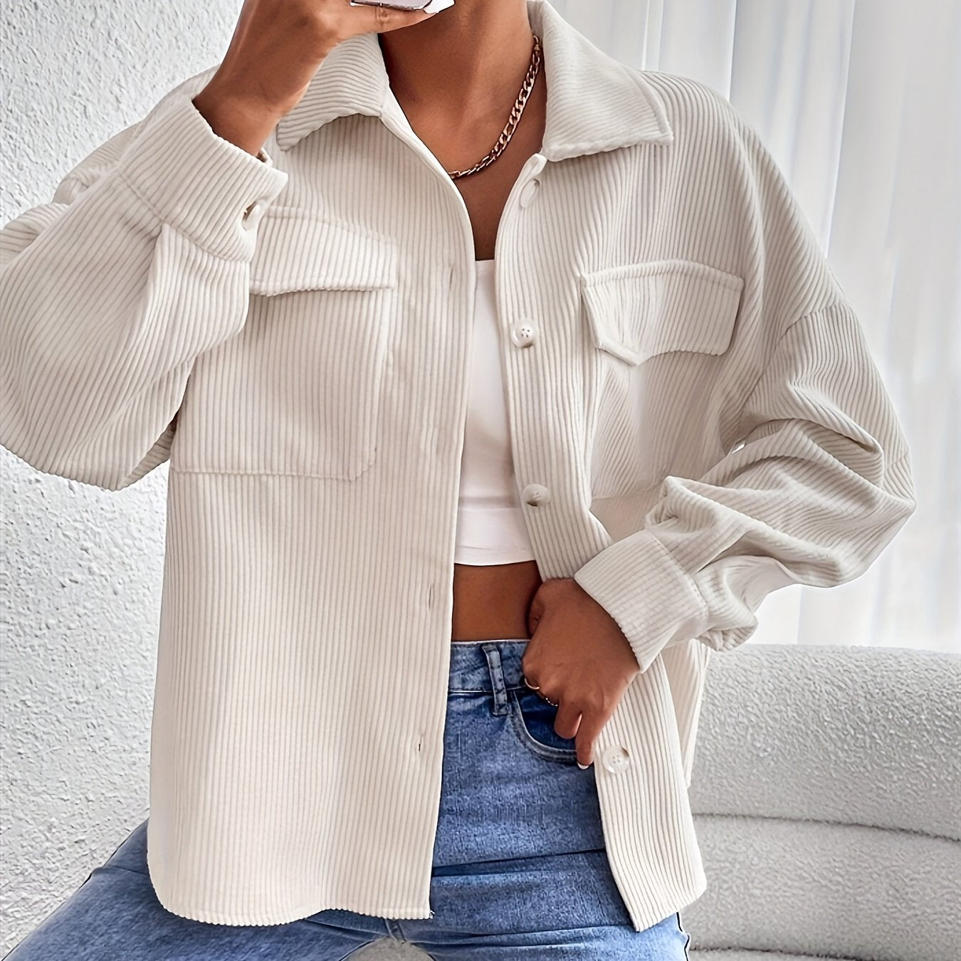 Veste Femme Oversize en Velours Côtelé – Poches à Rabat