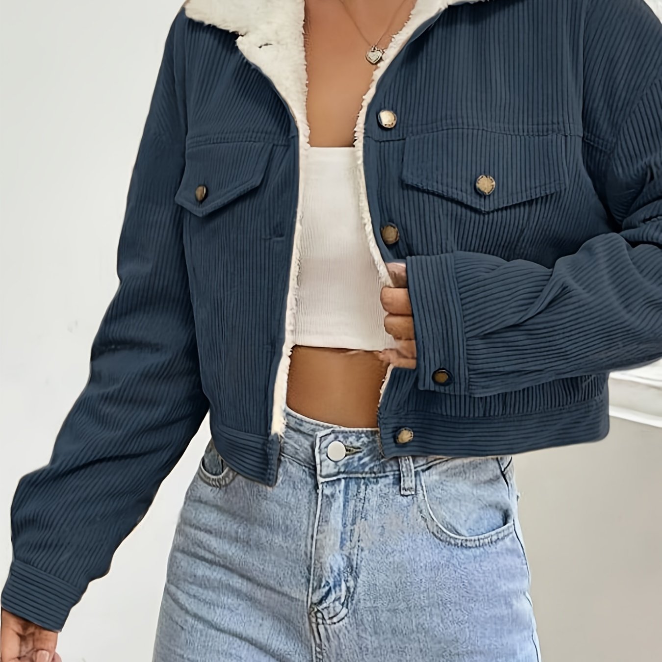 Veste Crop Femme en Velours Côtelé Doublée – Hiver Décontracté