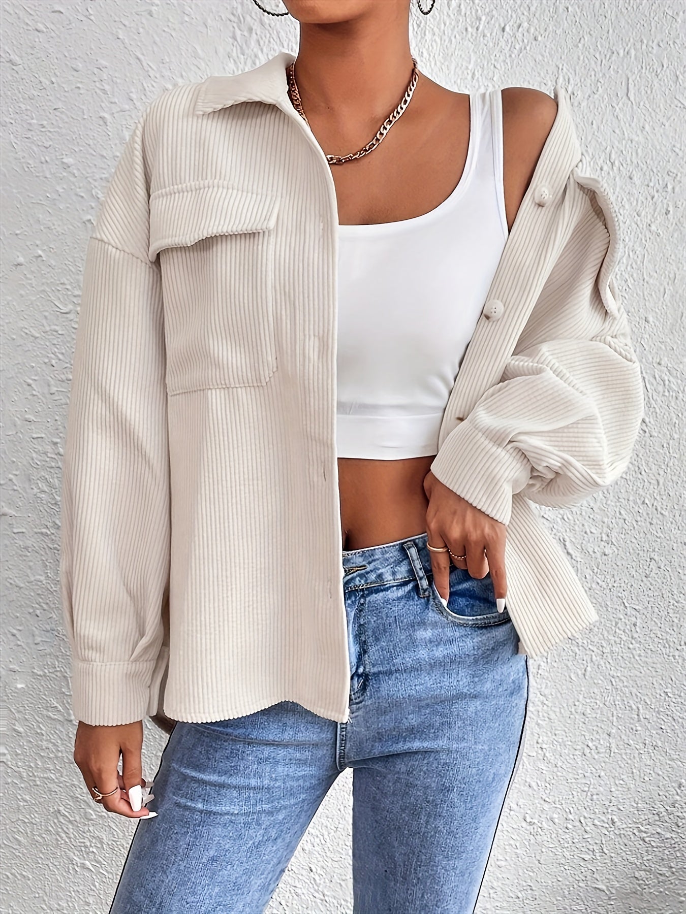 Veste Femme Oversize en Velours Côtelé – Poches à Rabat