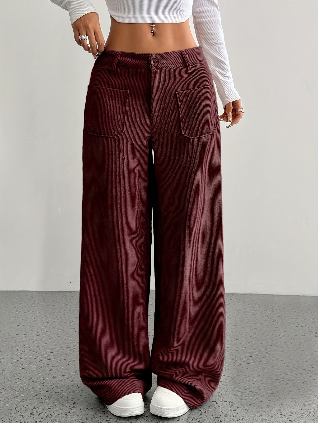 Pantalon femme taille basse en velours côtelé – Coupe large casual, style moderne