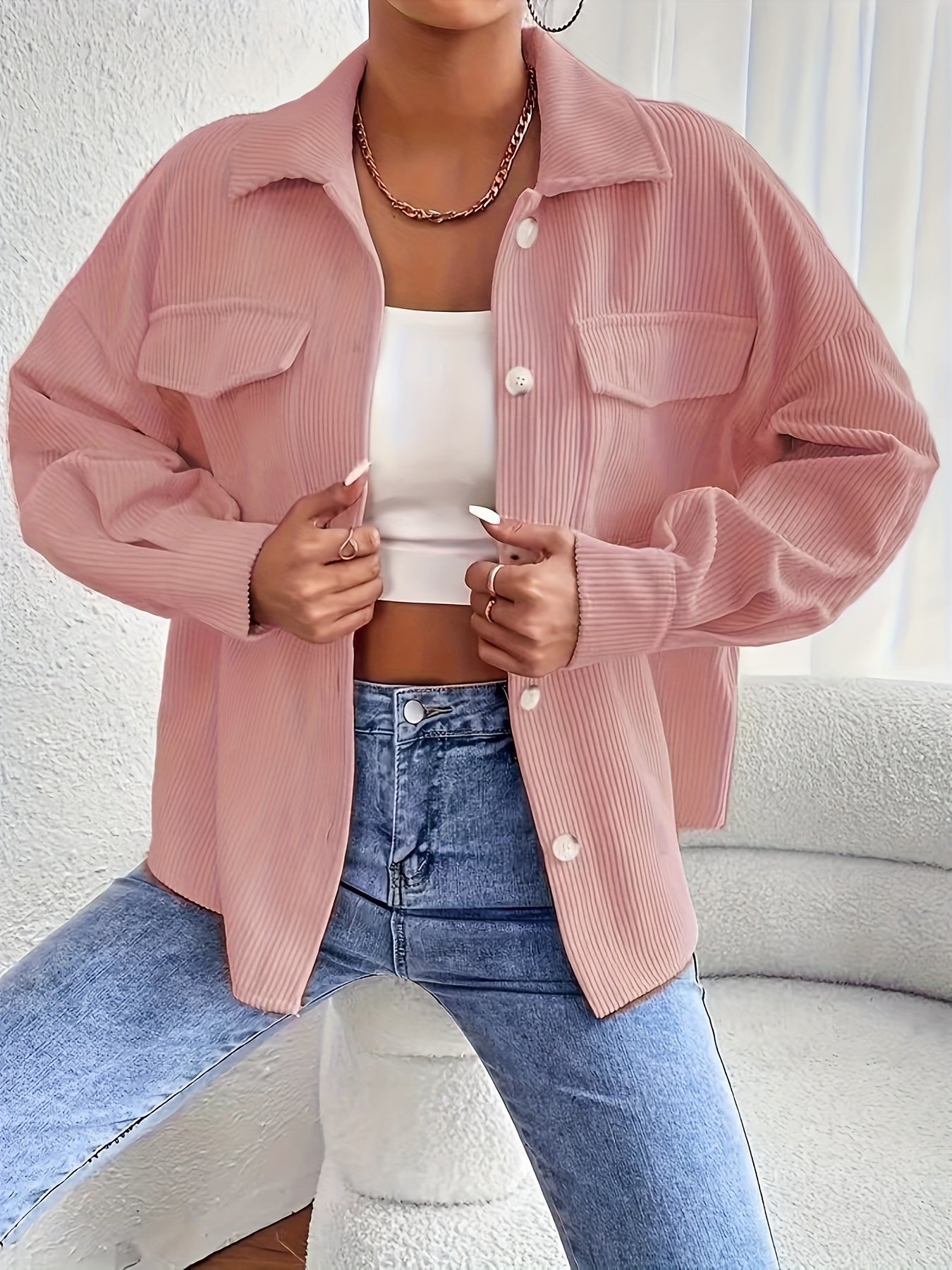 Veste Femme Oversize en Velours Côtelé – Poches à Rabat