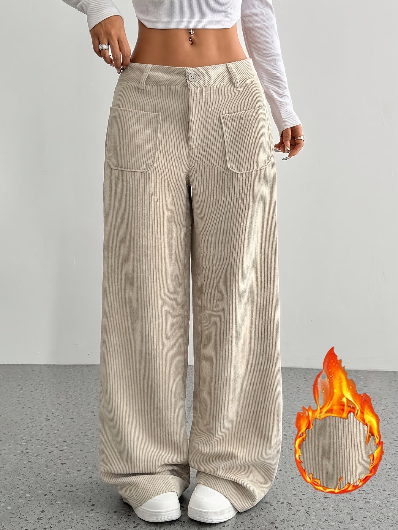Pantalon femme taille basse en velours côtelé – Coupe large casual, style moderne