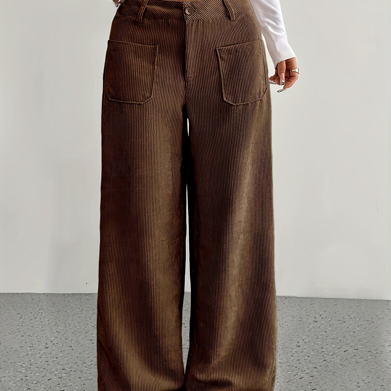 Pantalon femme taille basse en velours côtelé – Coupe large casual, style moderne