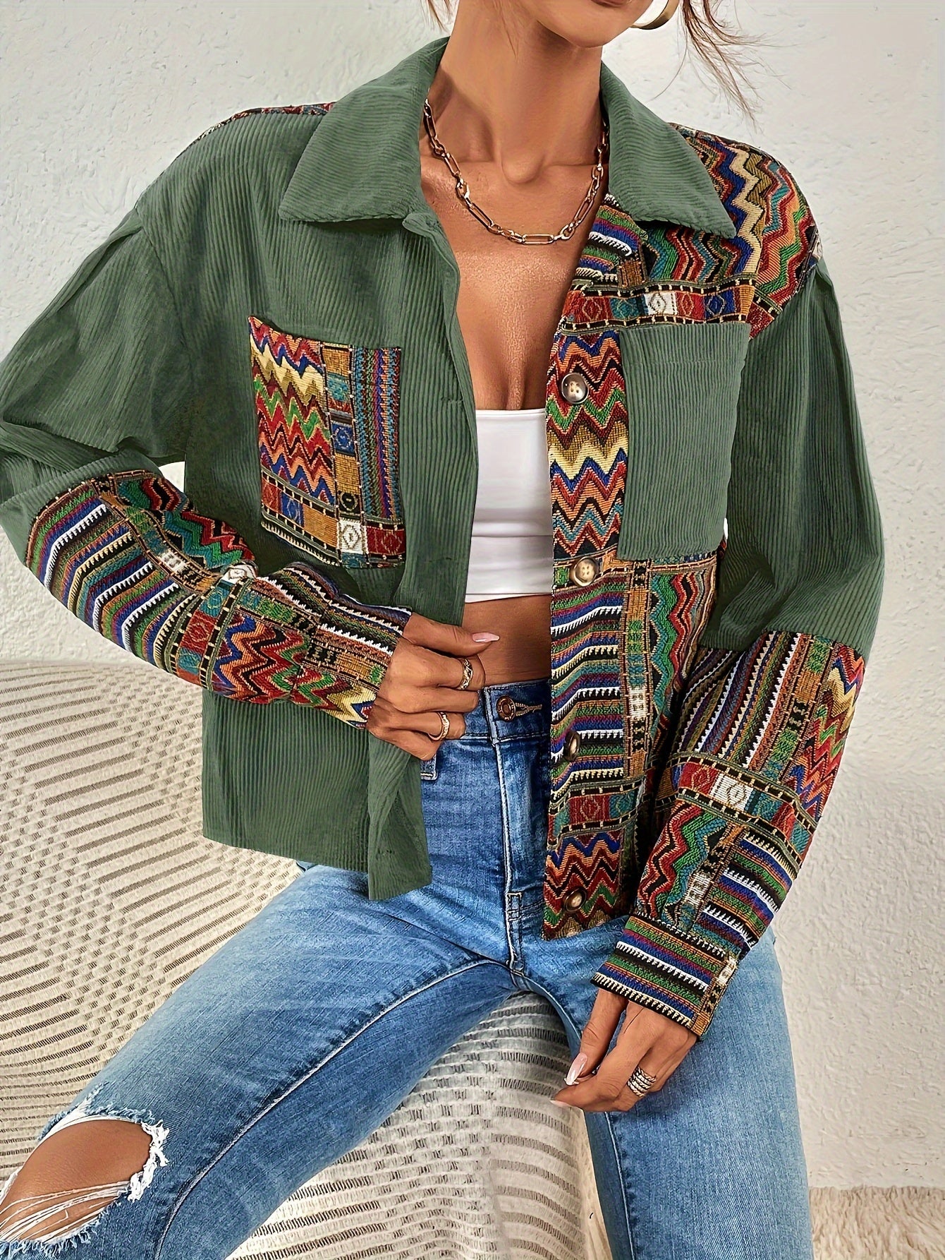 Veste Patchwork Velours Côtelé – Élégance Colorée