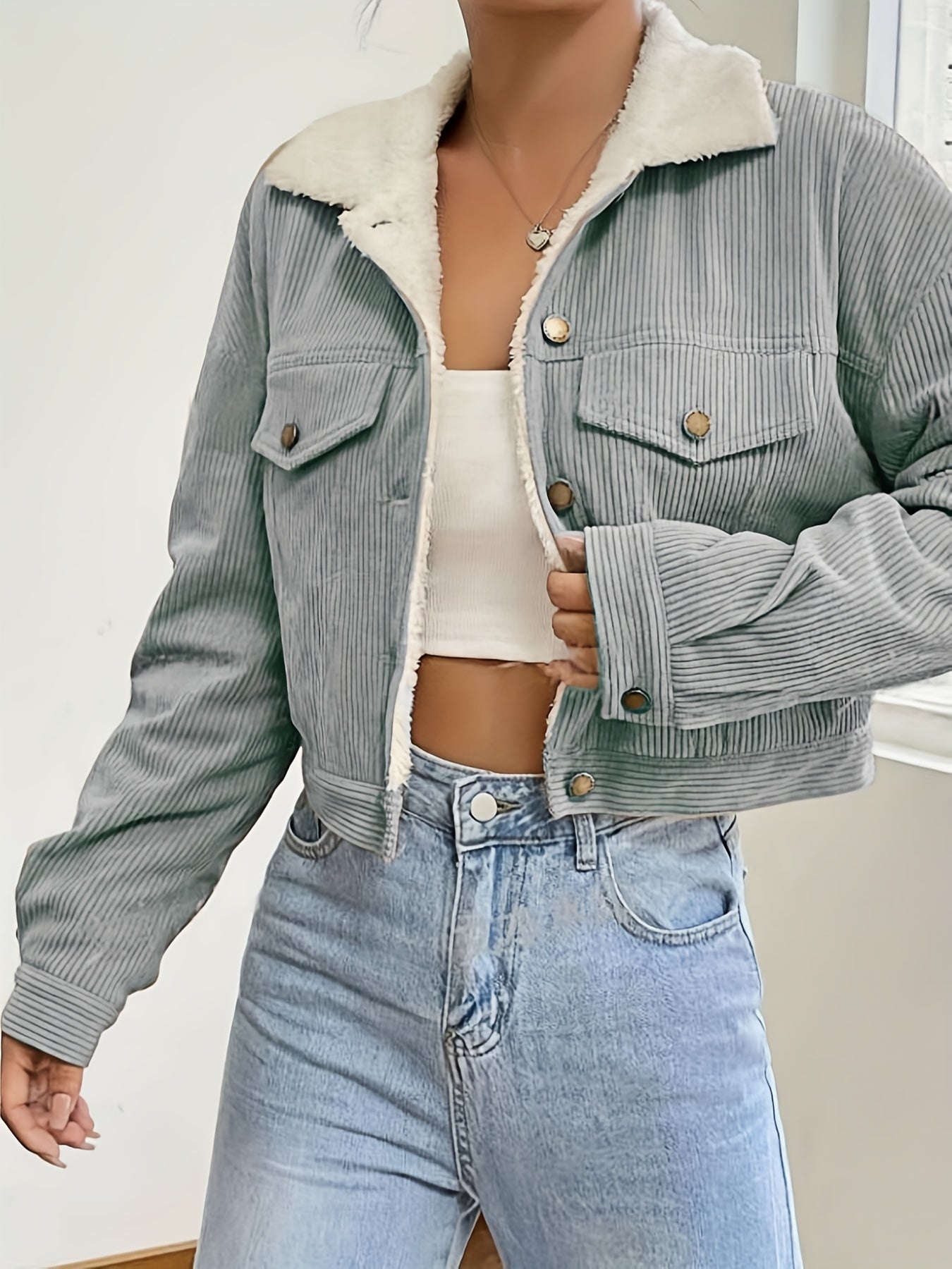 Veste Crop Femme en Velours Côtelé Doublée – Hiver Décontracté