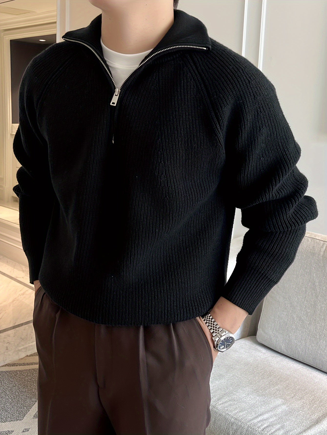 Pull Zippé Col Lapel en Maille - Chic Casual