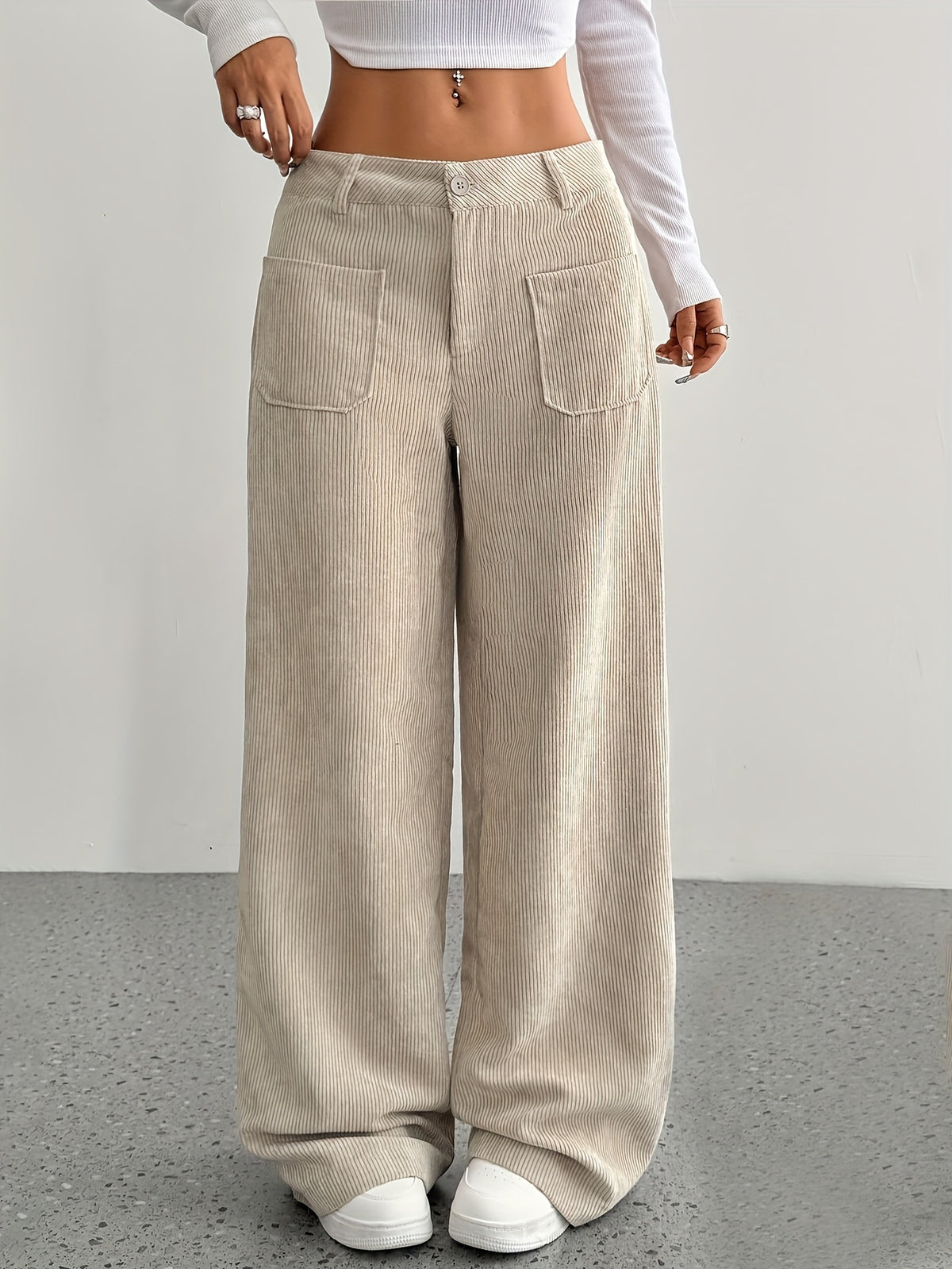Pantalon femme taille basse en velours côtelé – Coupe large casual, style moderne