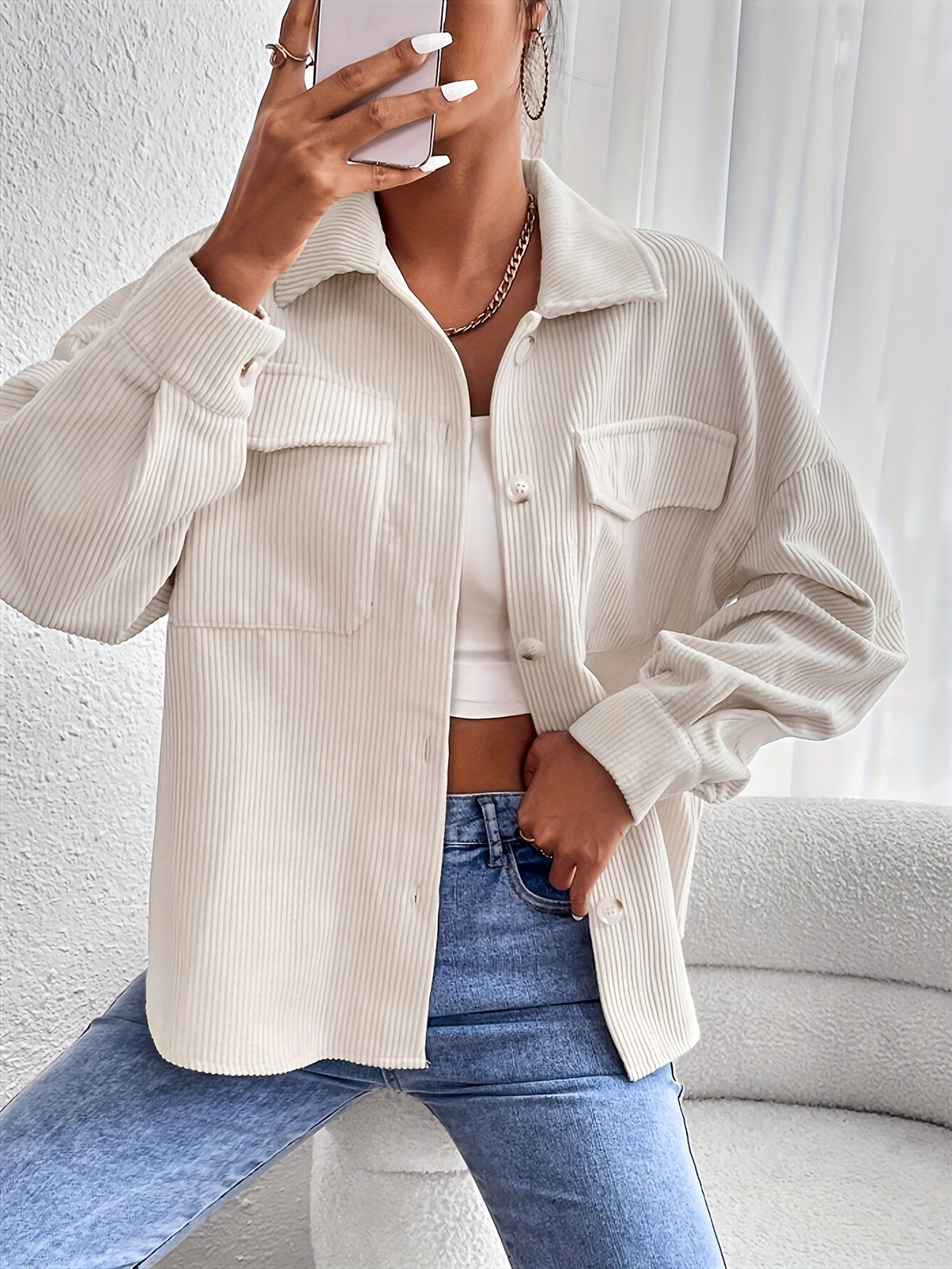 Veste Femme Oversize en Velours Côtelé – Poches à Rabat