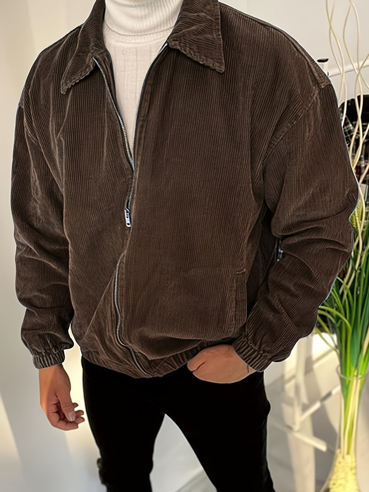 Veste en velours côtelé marron zippée – Style universitaire et casual chic