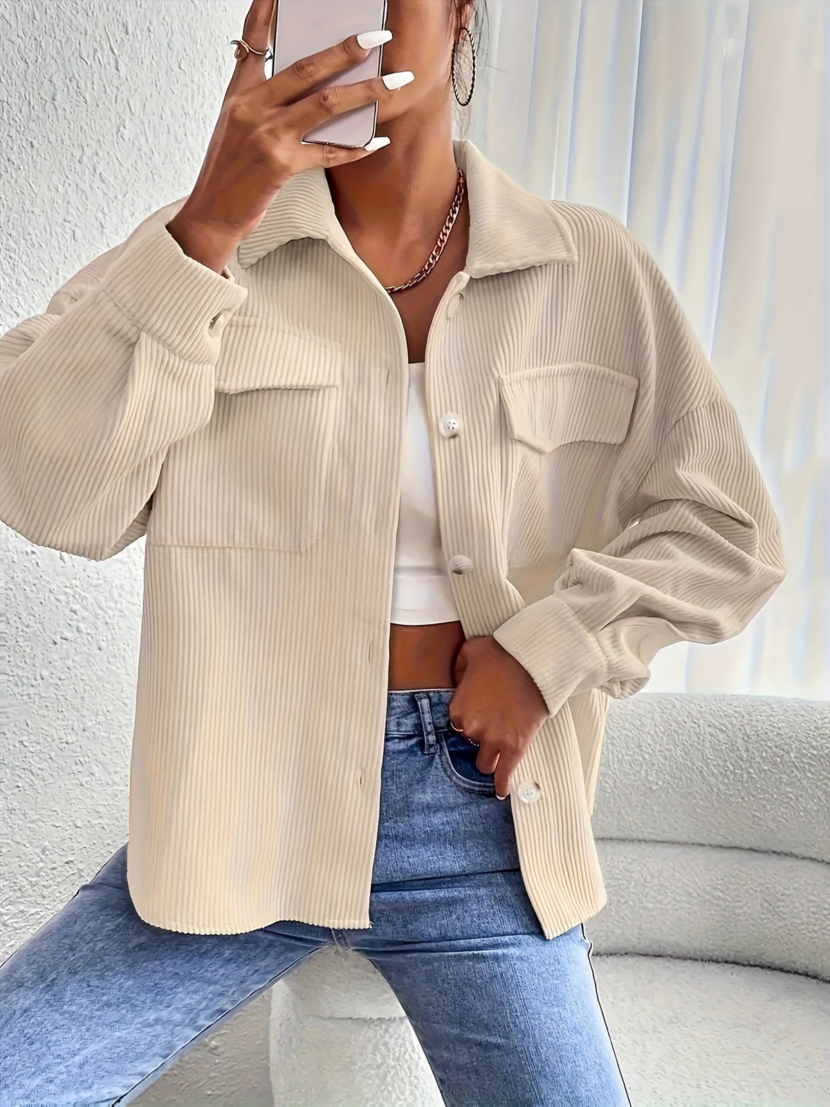 Veste Femme Oversize en Velours Côtelé – Poches à Rabat