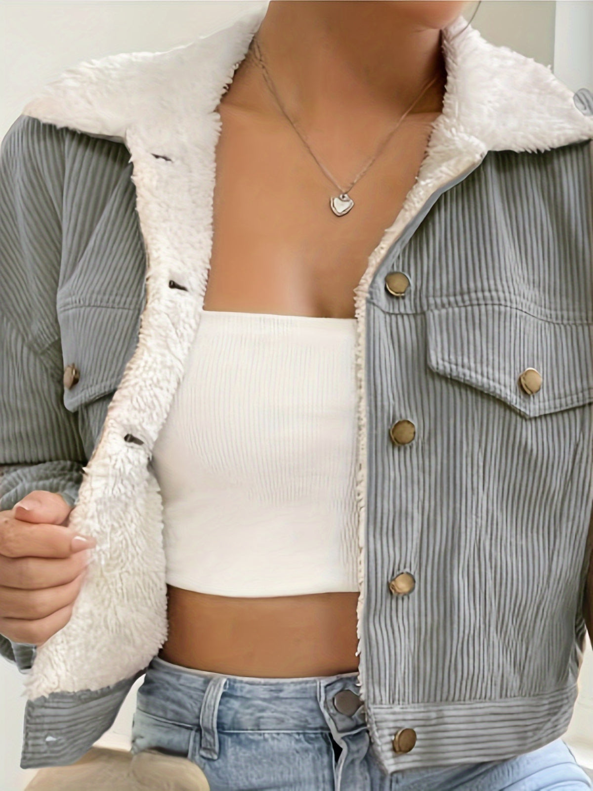 Veste Crop Femme en Velours Côtelé Doublée – Hiver Décontracté