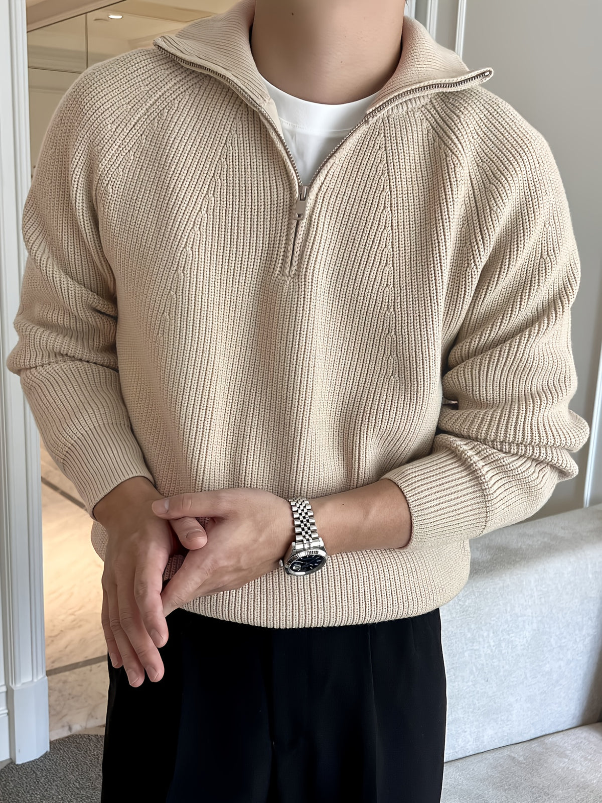 Pull Zippé Col Lapel en Maille - Chic Casual
